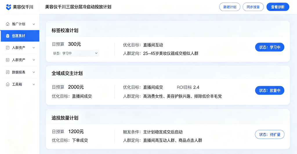 深圳美容仪巨量千川三层投放计划后台,搭建标签校准 + 全域成交 + 追投分层体系解决直播间不起量