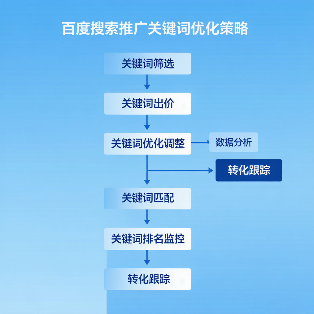 百度SEM竞价推广关键词选择与出价优化流程图:展示从行业词挖掘到精准词筛选的四步策略