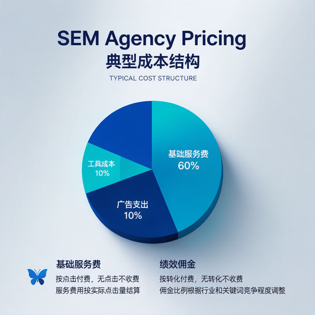 SEM代运营费用构成饼图:展示基础服务费、效果提成、广告消费、工具成本各部分占比