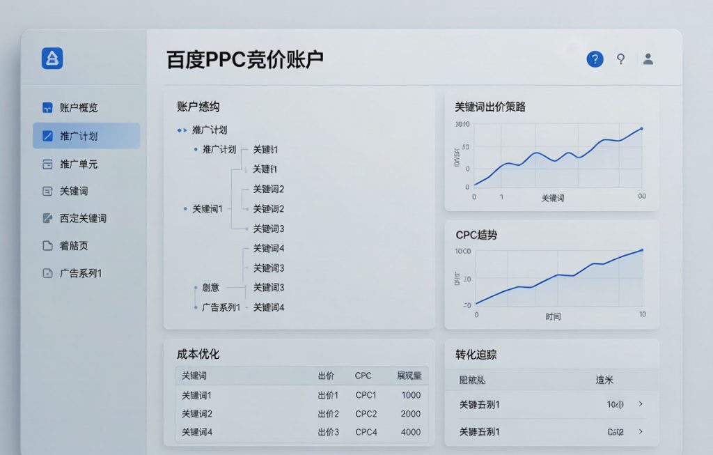 百度竞价推广托管数据看板：展示账户结构、关键词出价策略、CPC趋势和转化率指标的专业管理界面