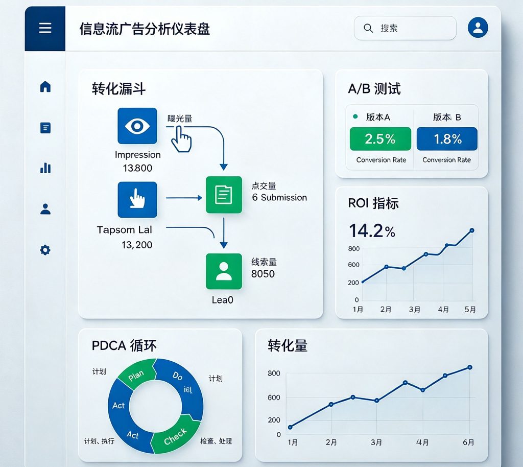 信息流广告数据分析仪表盘,展示从展现到点击到表单到线索的转化漏斗、A/B测试对比结果与PDCA优化循环