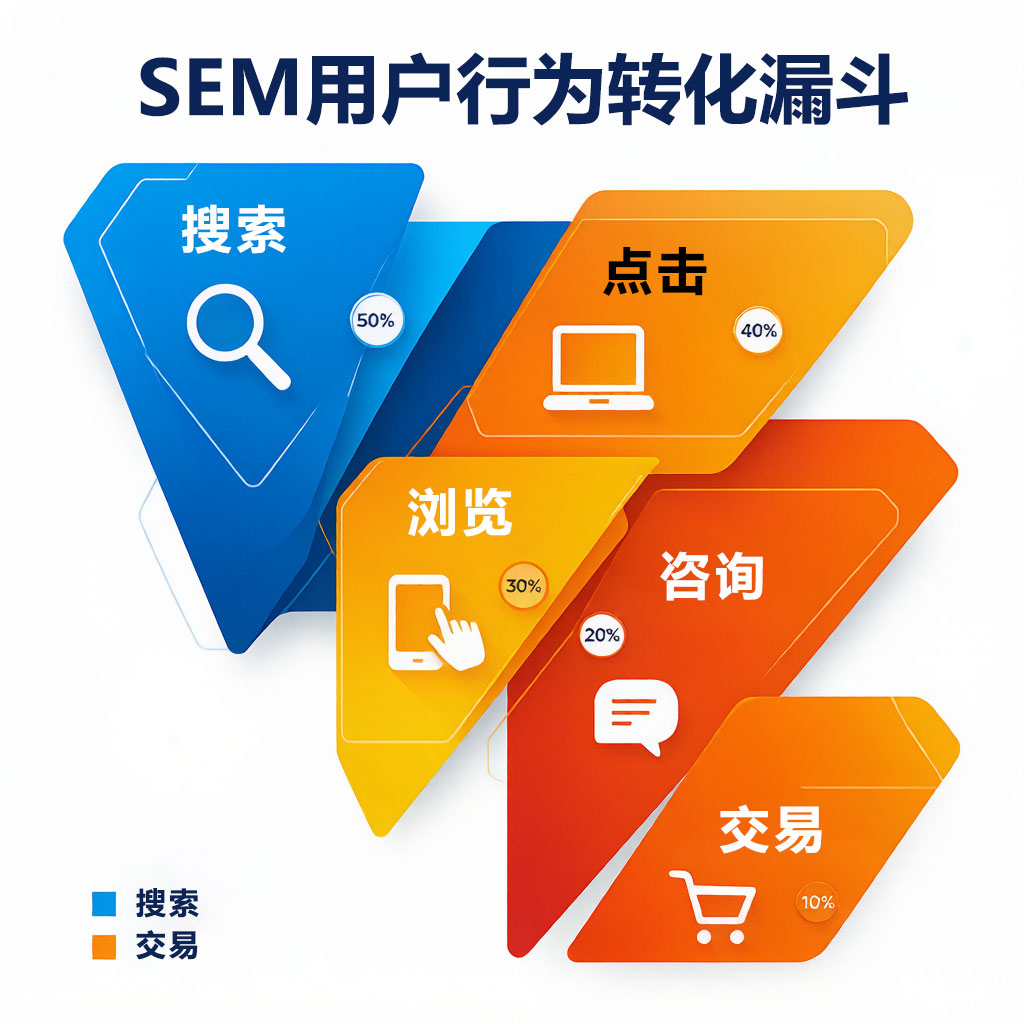 SEM用户转化漏斗图，展示从搜索到点击、浏览、咨询、成交的5C定律转化路径及各环节流失率