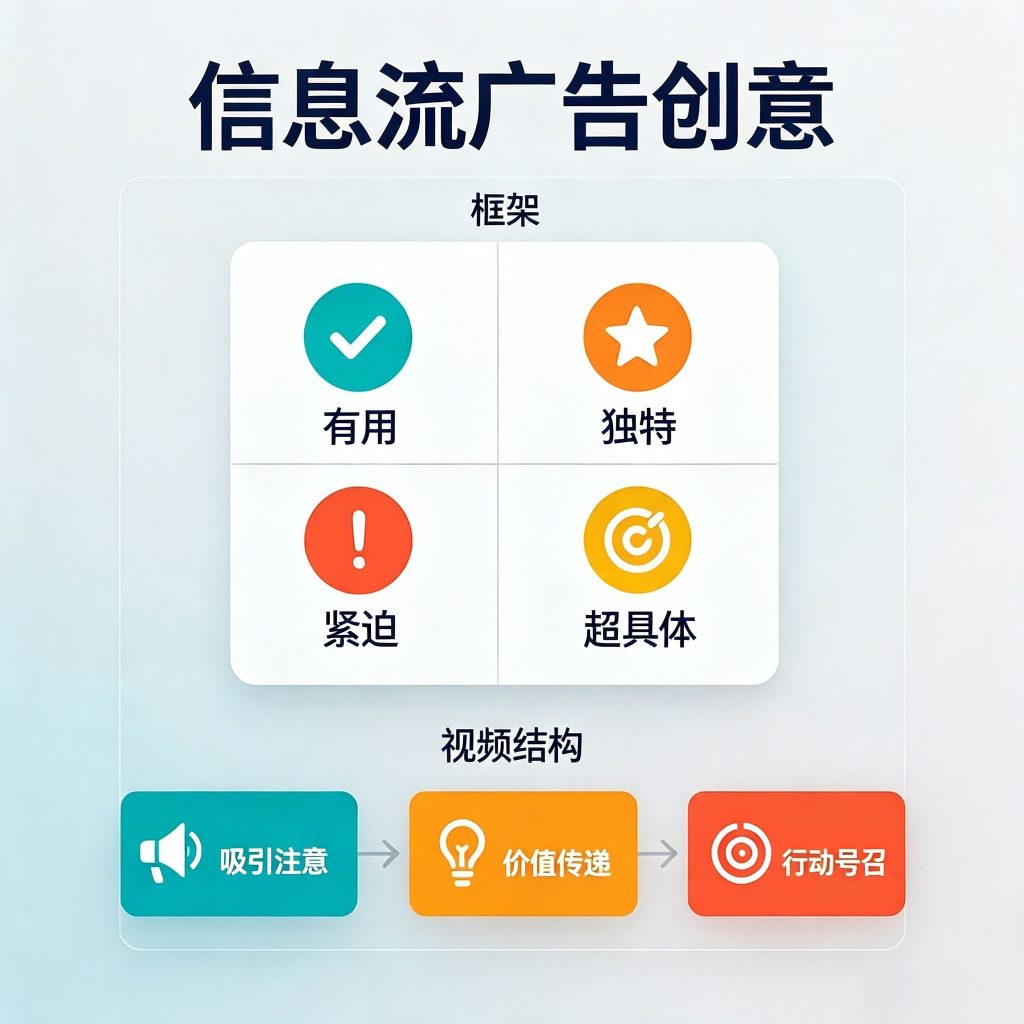 信息流广告素材4U标准框架图,展示Useful有用、Unique独特、Urgent紧迫、Ultra-specific具体四个维度的素材制作标准