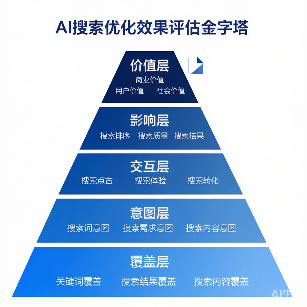 GEO效果评估五维金字塔模型,包含覆盖层、意图层、交互层、影响层、价值层