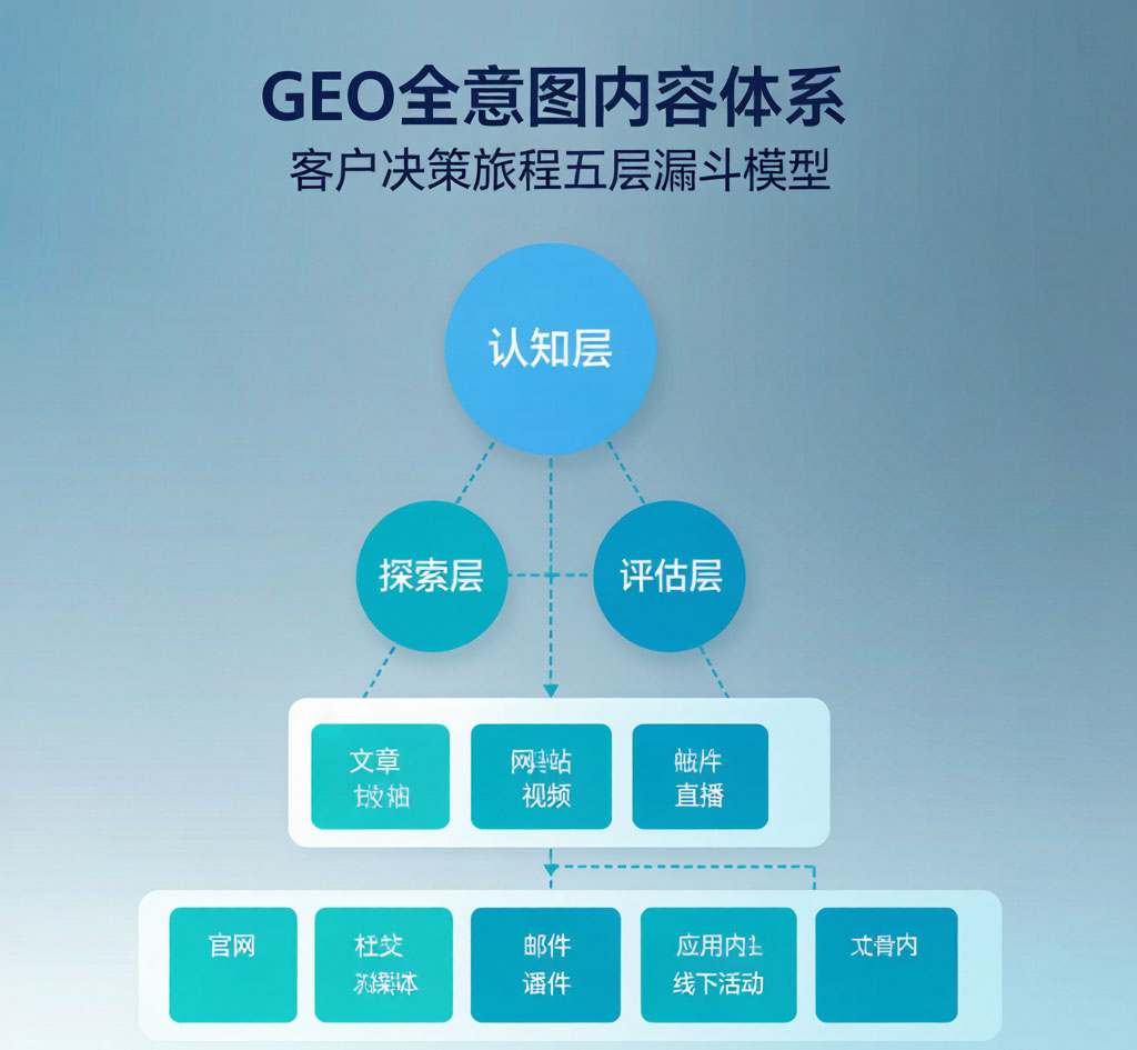 GEO全意图内容体系五层漏斗模型,展示认知层、探索层、评估层、决策层、传承层